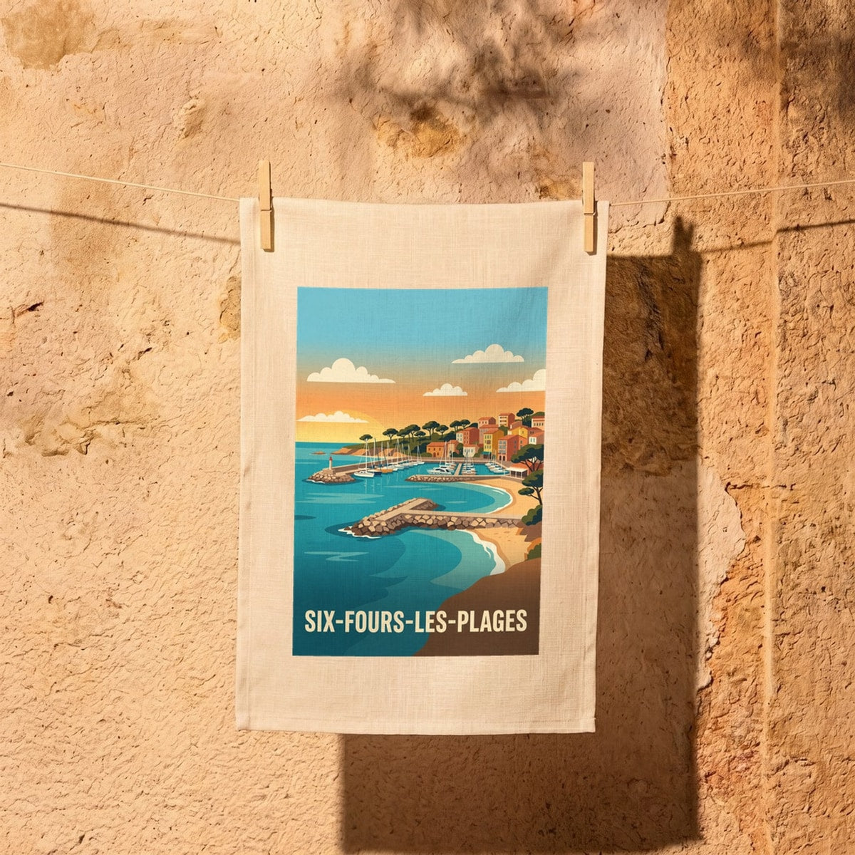 Torchon souvenir de la ville de Six-Fours-les-Plages avec une illustration stylisée de son port.