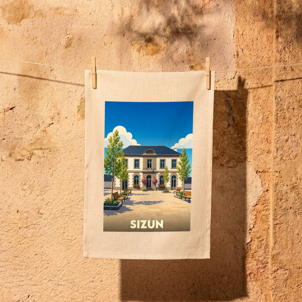 Torchon souvenir de la ville de Sizun avec une illustration stylisée de sa mairie.