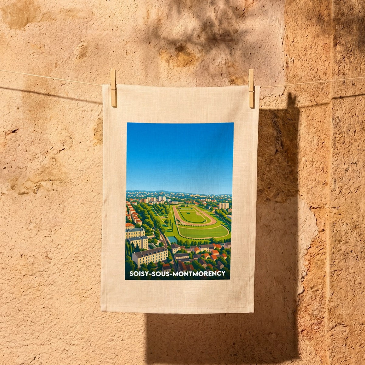 Torchon souvenir de la ville de Soisy-sous-Montmorency avec une illustration stylisée de son hippodrome.
