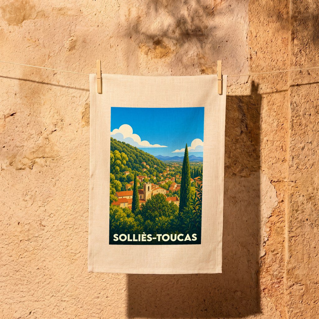 Torchon souvenir de la ville de Solliès-Toucas avec une illustration stylisée d'un paysage provençal.
