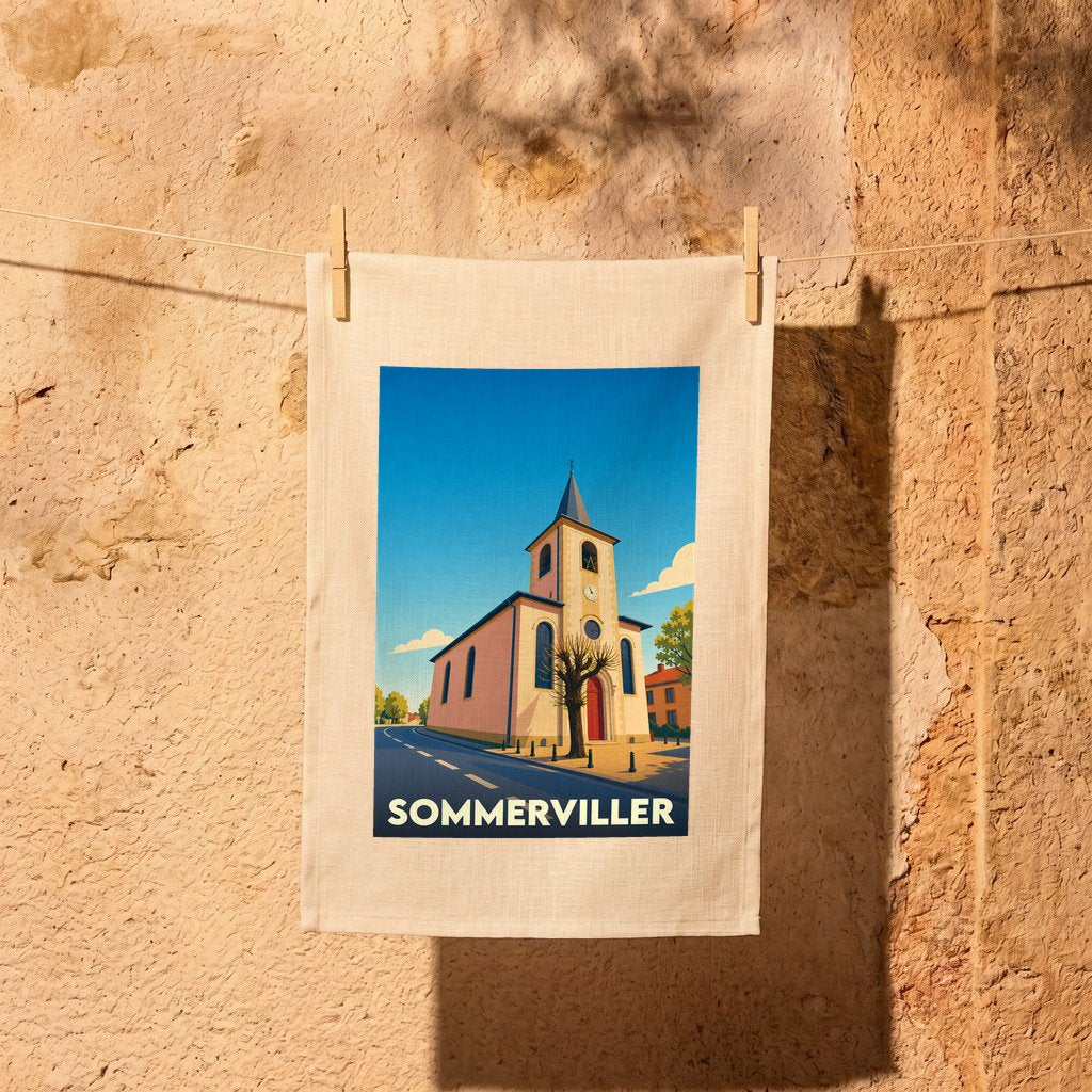 Torchon souvenir de la ville de Sommerviller avec une illustration stylisée de son église.