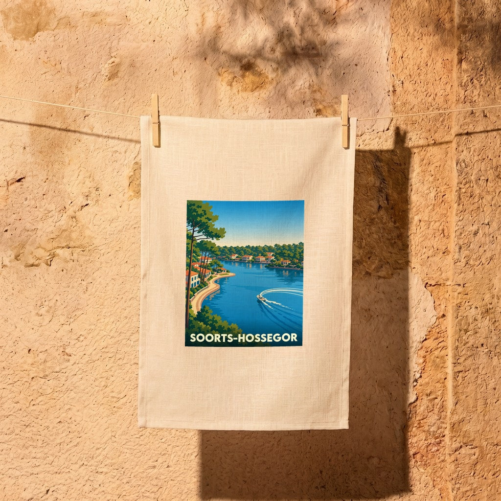 Torchon souvenir de la ville de Soorts-Hossegor avec une illustration stylisée de son lac marin.