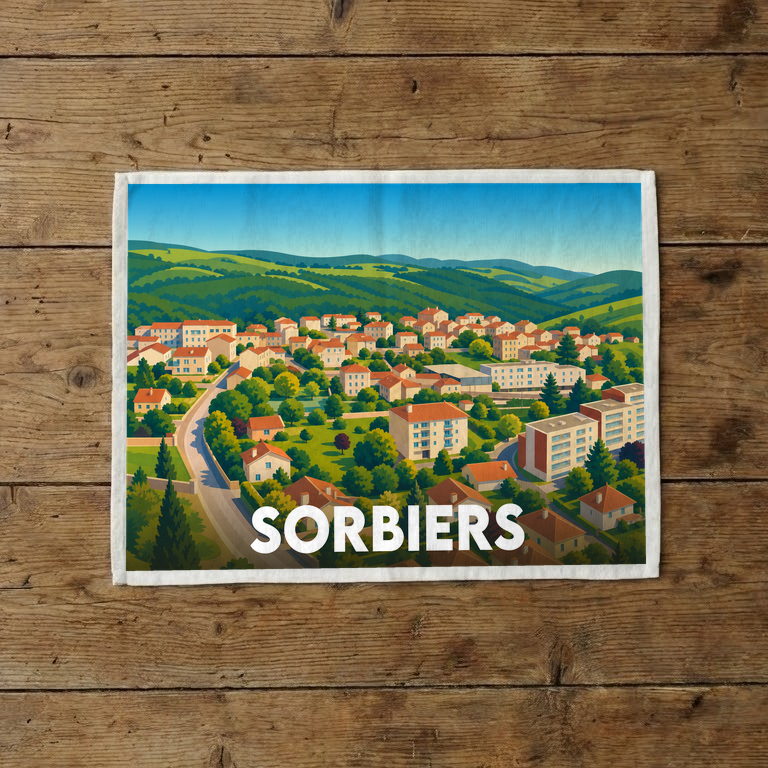 Torchon souvenir de la ville de Sorbiers avec une illustration stylisée.