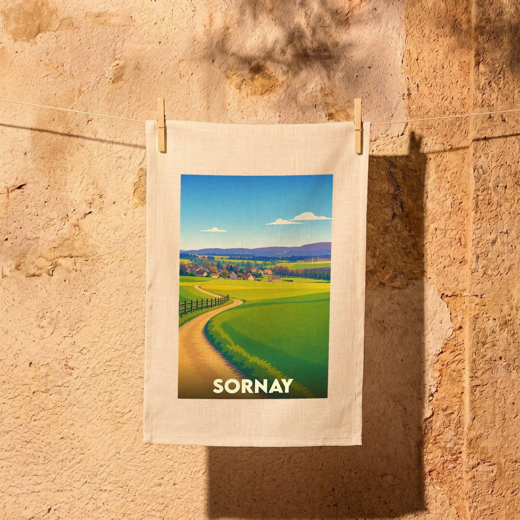 Torchon souvenir de la ville de Sornay avec une illustration paysagère stylisée.