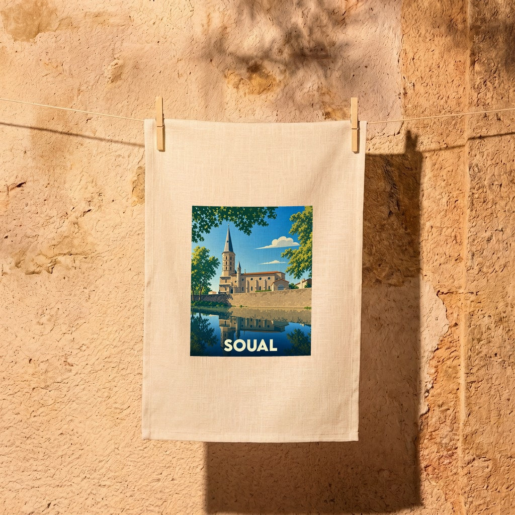 Torchon souvenir de la ville de Soual avec une illustration stylisée.