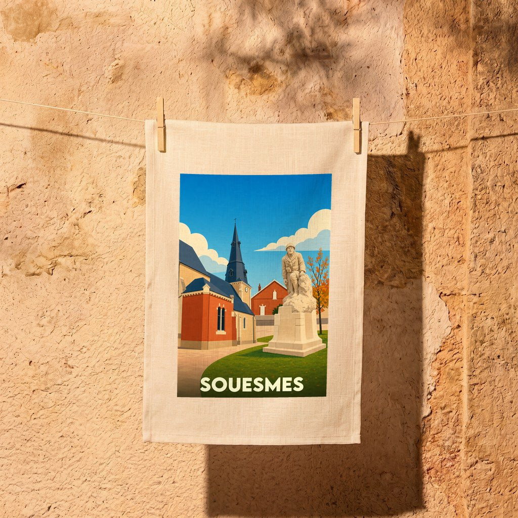Torchon souvenir de la ville de Souesmes avec une illustration stylisée de son église et de son monument aux morts.