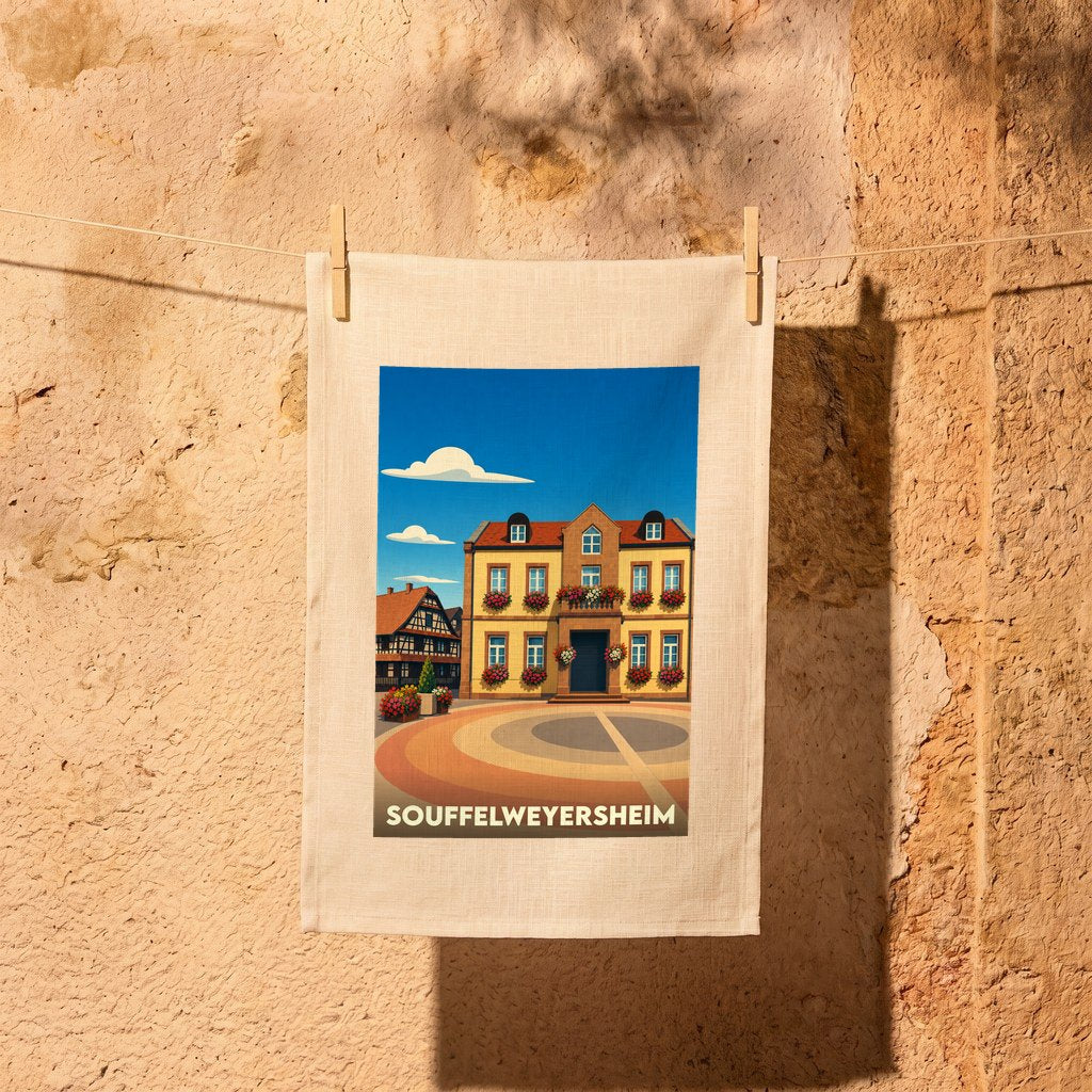 Torchon souvenir de la ville de Souffelweyersheim avec une illustration stylisée de son hôtel de ville.