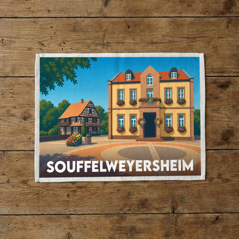Torchon souvenir de la ville de Souffelweyersheim avec une illustration colorée et stylisée de son architecture.