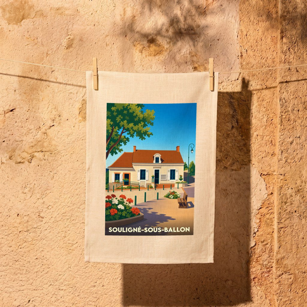 Torchon souvenir de la ville de Souligné-sous-Ballon avec une illustration stylisée d'une maison de village.