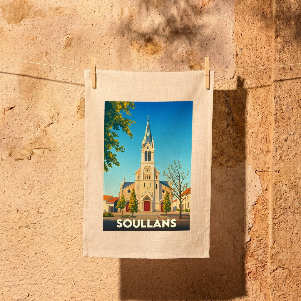 Torchon souvenir de la ville de Soullans avec une illustration stylisée de son église.