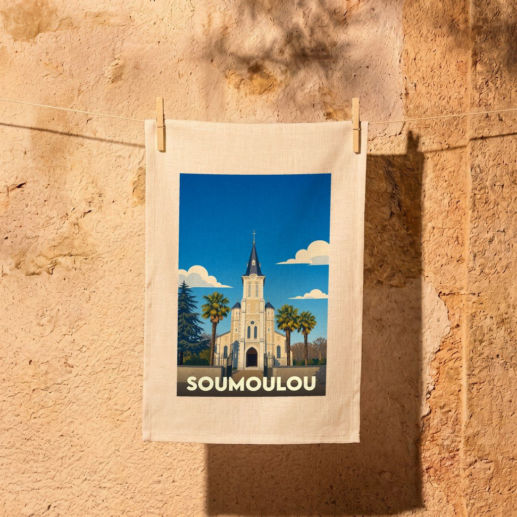 Torchon souvenir de la ville de Soumoulou illustrant son église entourée de palmiers dans un style rétro.