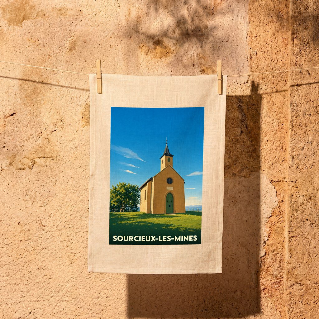 Torchon souvenir de Sourcieux-les-Mines illustré par une petite chapelle sous un ciel bleu.