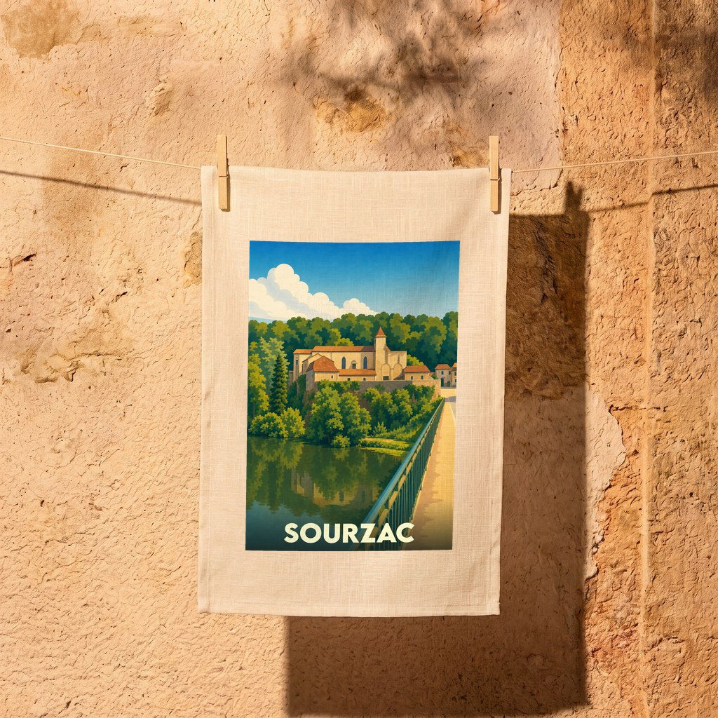 Torchon souvenir de la ville de Sourzac avec une illustration stylisée représentant son église et son pont.