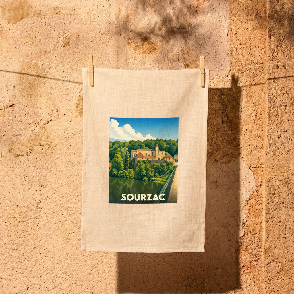 Torchon souvenir de la ville de Sourzac avec une illustration stylisée représentant son église et son pont.