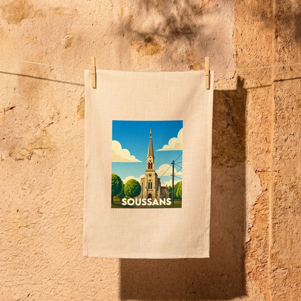 Torchon souvenir de la ville de Soussans avec une illustration stylisée de son église.