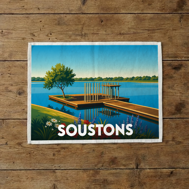 Torchon souvenir de la ville de Soustons illustré d'un ponton sur un lac dans un style graphique épuré.