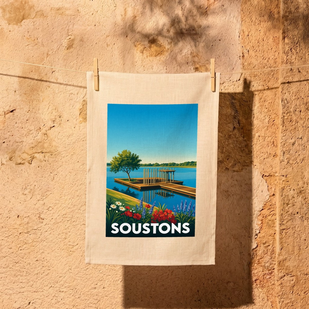 Torchon souvenir de la ville de Soustons illustré d'un ponton sur un lac dans un style graphique épuré.
