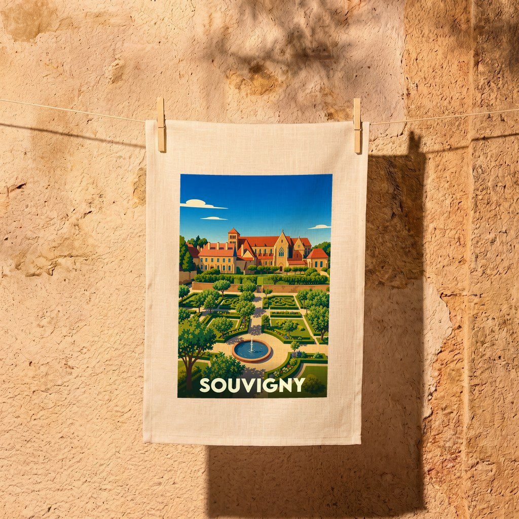 Torchon souvenir de la ville de Souvigny avec une illustration stylisée de son prieuré et de ses jardins.