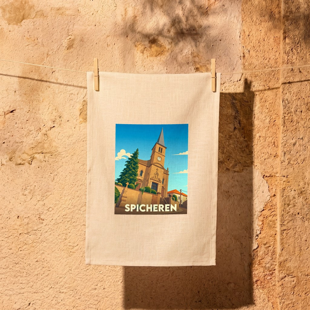 Torchon souvenir de la ville de Spicheren avec une illustration stylisée de son église sous un ciel bleu.