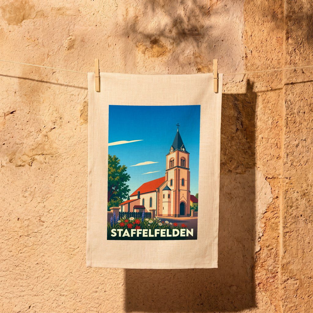 Torchon souvenir de la ville de Staffelfelden orné d'une illustration stylisée de son église.