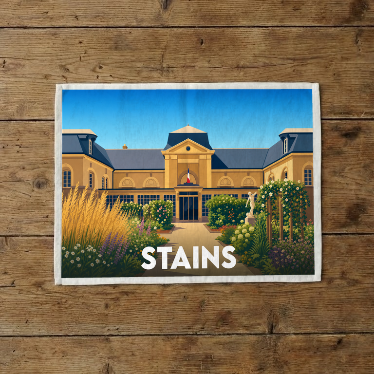 Torchon souvenir de la ville de Stains avec une illustration stylisée de son hôtel de ville et de ses jardins.