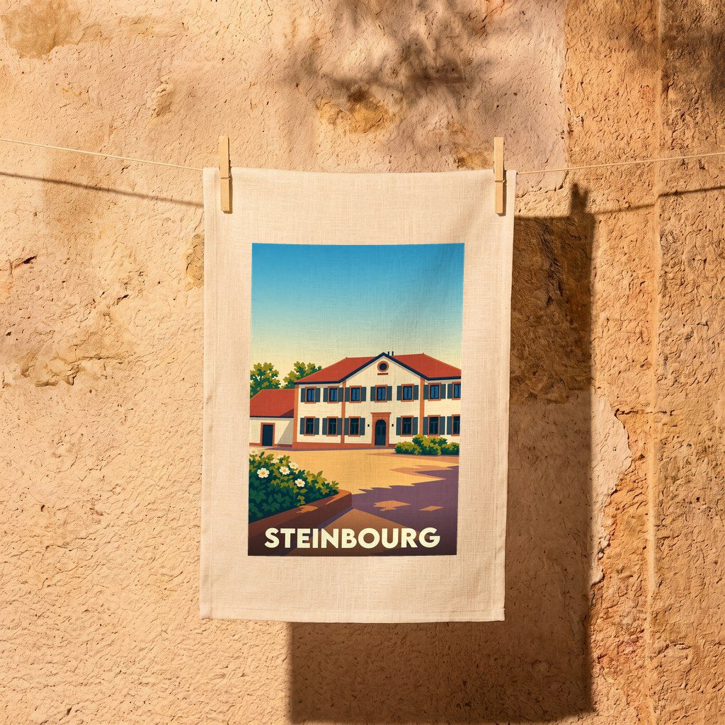 Torchon souvenir de la ville de Steinbourg illustré d'une bâtisse alsacienne stylisée.