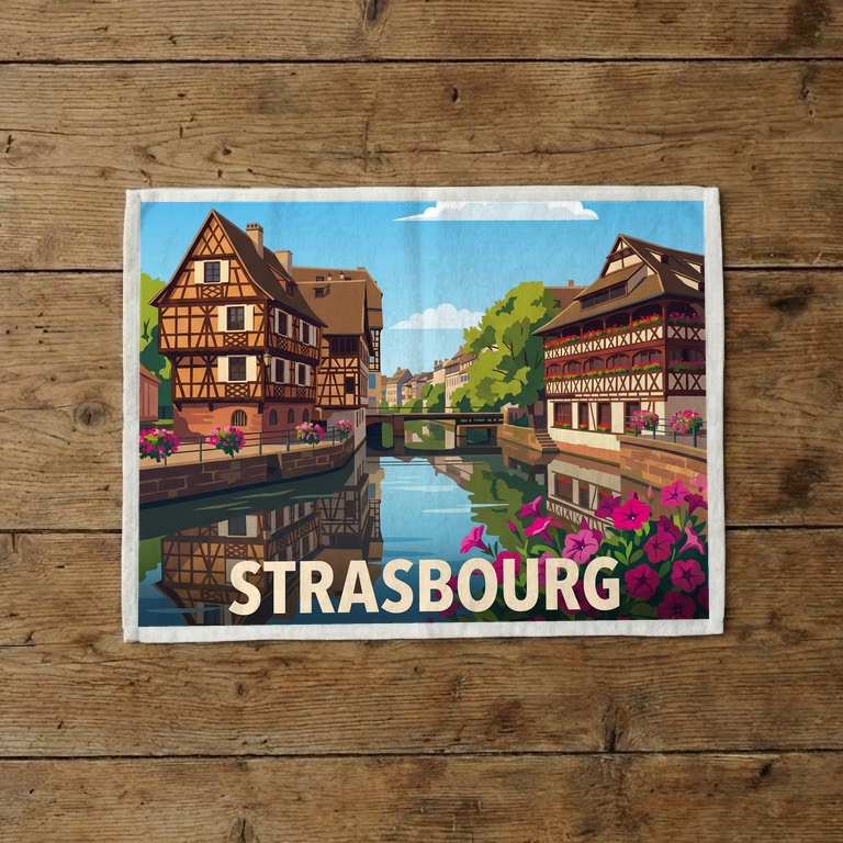 Torchon souvenir de la ville de Strasbourg avec une illustration stylisée de maisons à colombages au bord de l'eau.