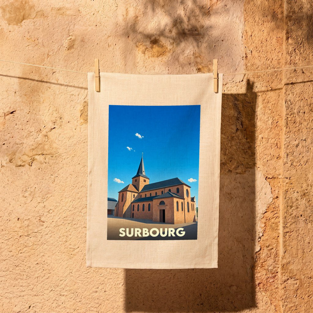 Torchon souvenir de la ville de Surbourg avec une illustration stylisée d'une église.