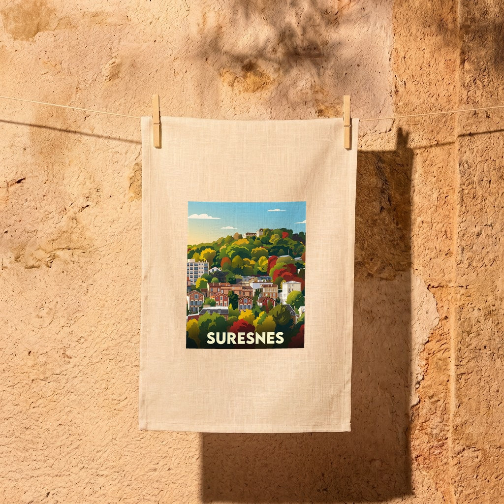 Torchon souvenir de la ville de Suresnes avec une illustration stylisée de son paysage urbain.