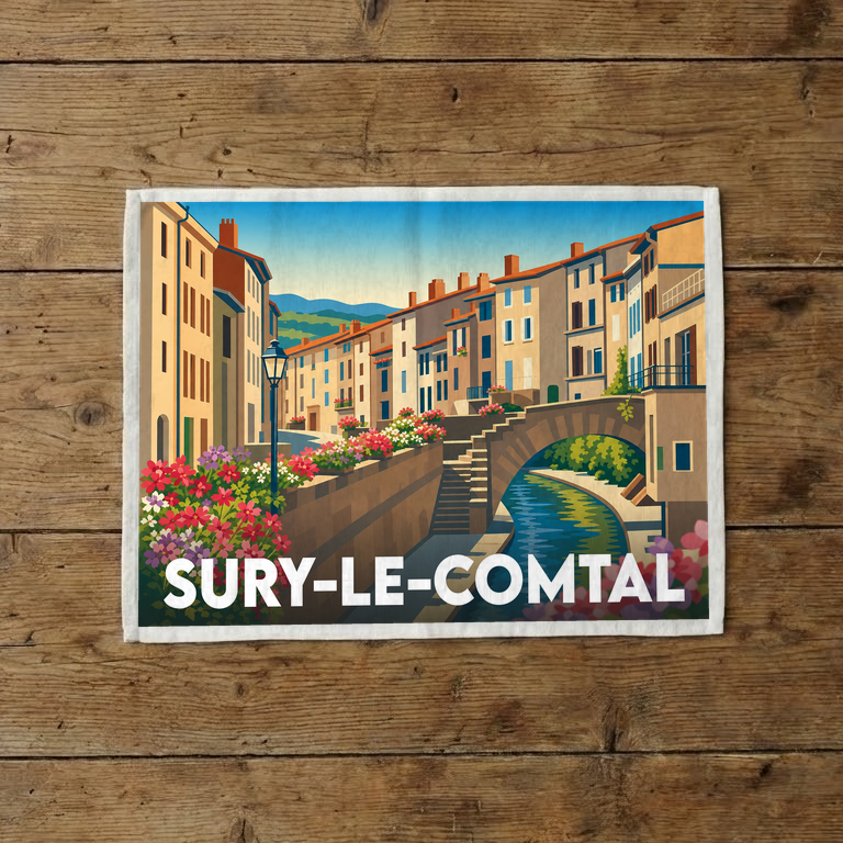 Torchon souvenir de la ville de Sury-le-Comtal avec une illustration stylisée d'un canal et de maisons colorées.