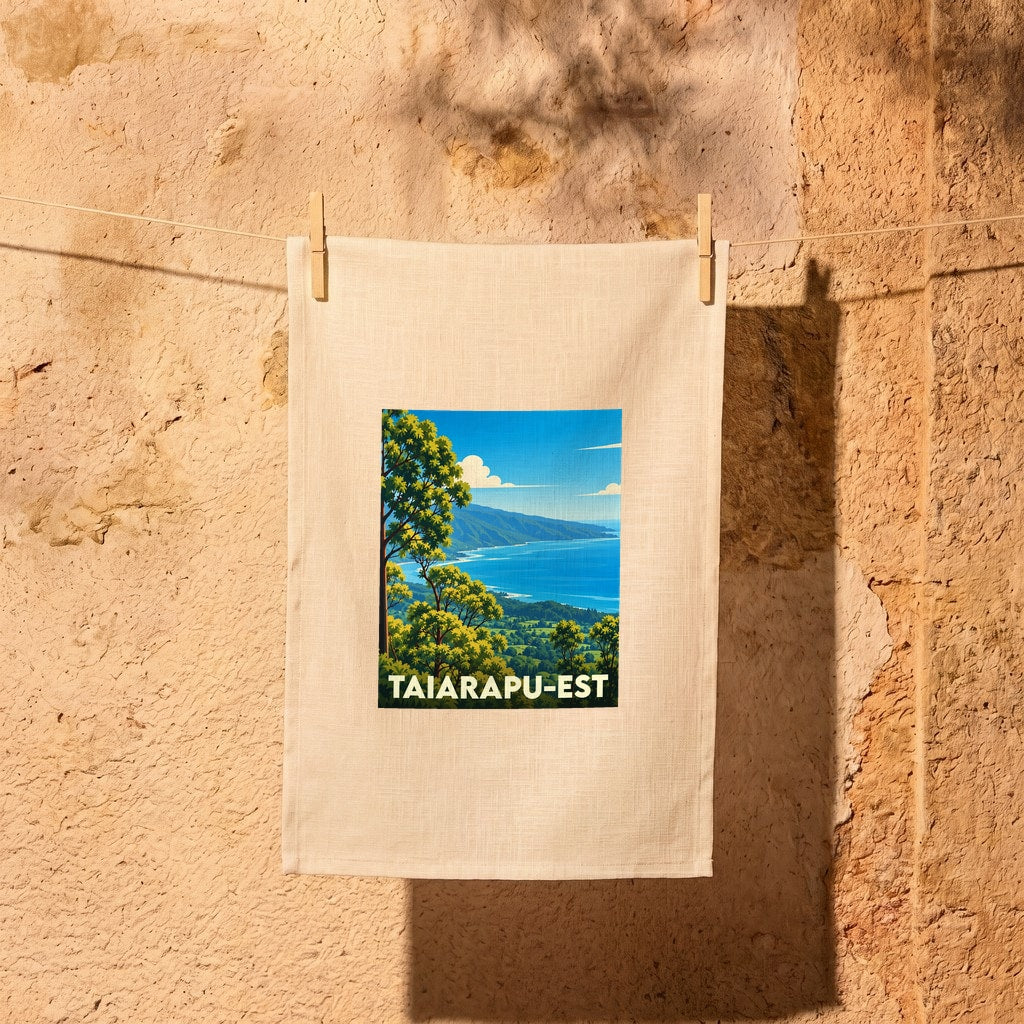 Torchon souvenir de la ville de Taiarapu-Est illustré d'un paysage côtier stylisé.