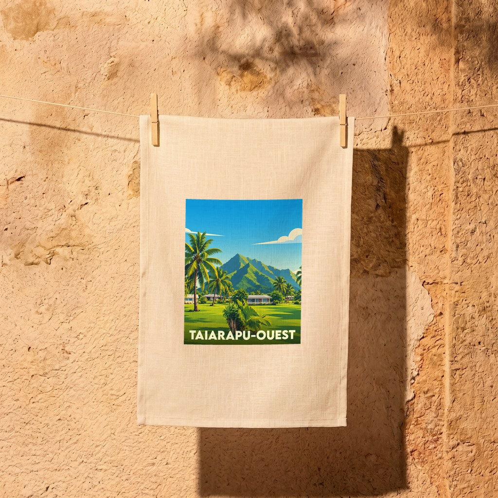 Torchon souvenir de la ville de Taiarapu-Ouest avec une illustration stylisée de paysages tropicaux.