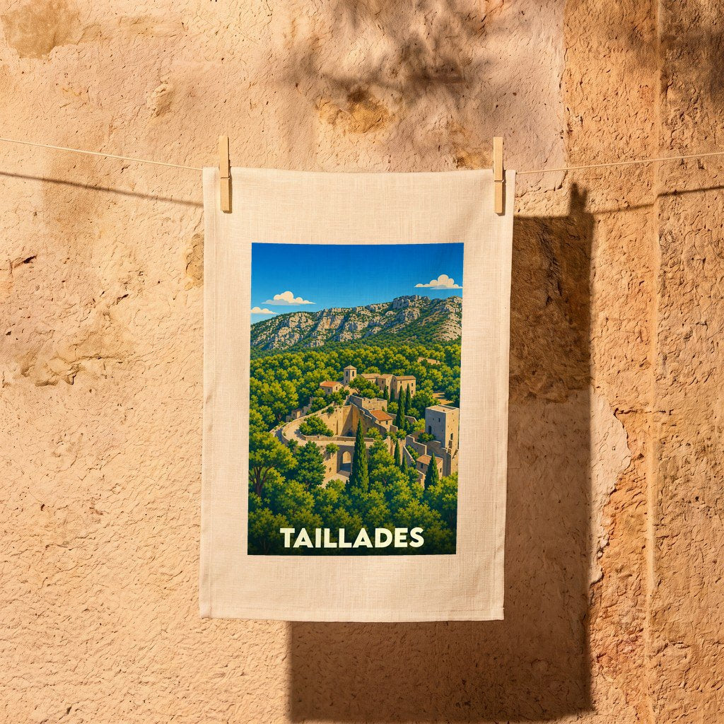 Torchon souvenir de la ville de Taillades orné d'une illustration paysagère stylisée.