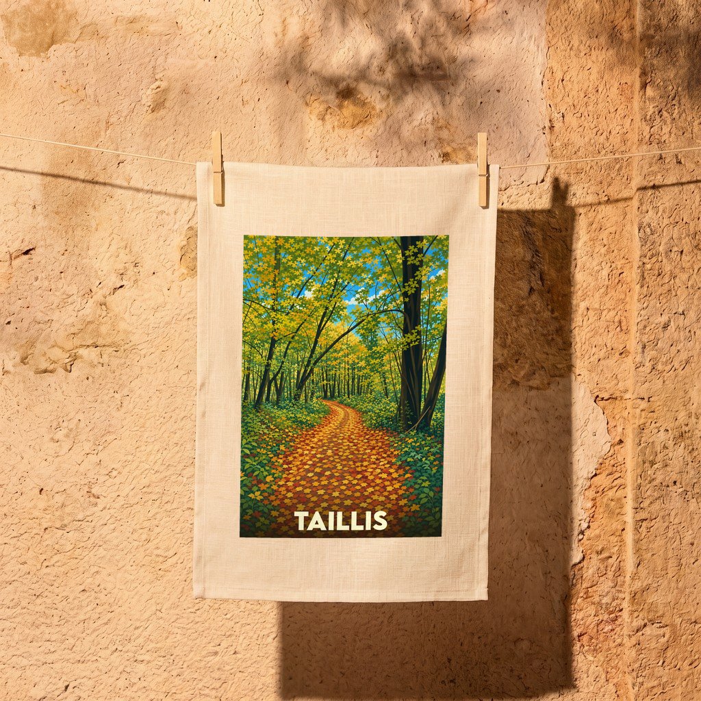 Torchon souvenir de la ville de Taillis avec une illustration stylisée d'un chemin forestier en automne.