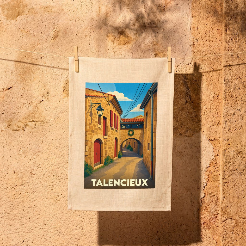 Torchon souvenir de la ville de Talencieux avec une illustration stylisée d'une rue pittoresque.