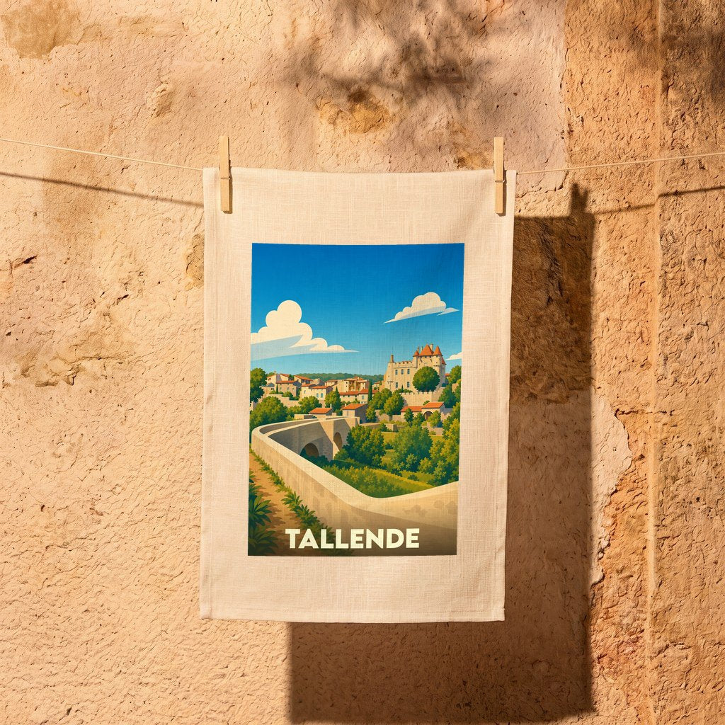 Torchon souvenir de la ville de Tallende avec une illustration stylisée d'un pont et d'un château.