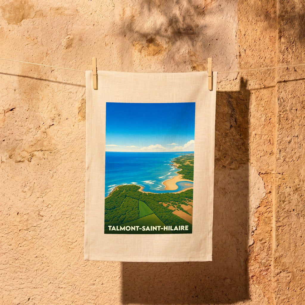 Torchon souvenir de la ville de Talmont-Saint-Hilaire avec une illustration côtière stylisée.