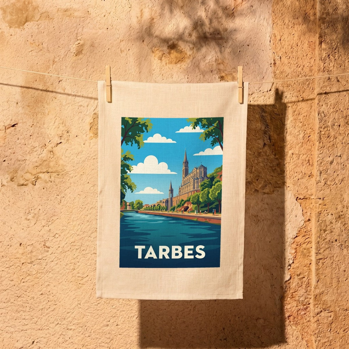 Torchon souvenir de la ville de Tarbes avec une illustration stylisée d'un paysage urbain au bord de l'eau.