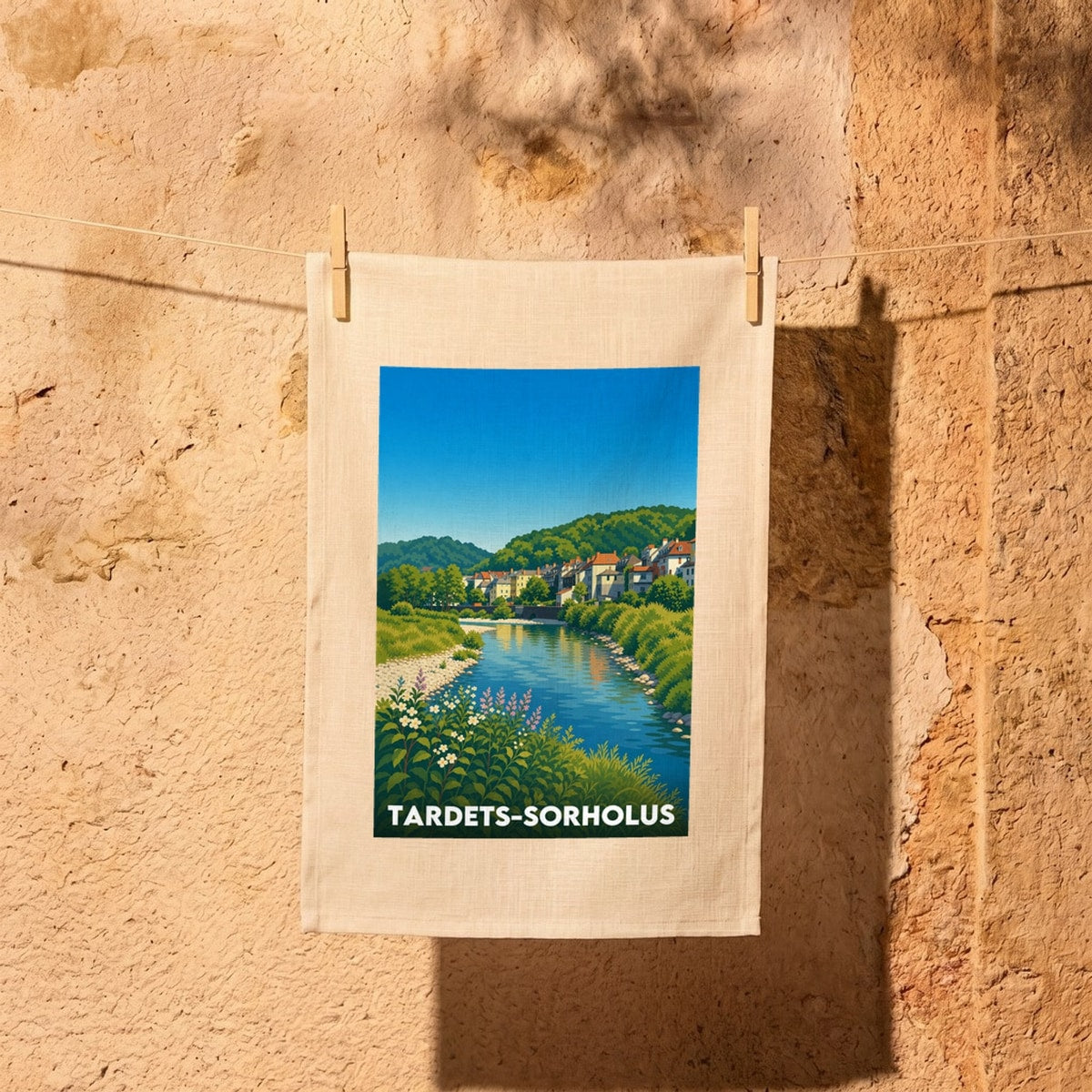 Torchon souvenir de la ville de Tardets-Sorholus avec une illustration stylisée d'un paysage de rivière.