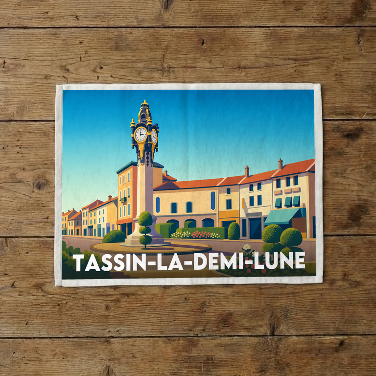 Torchon souvenir de la ville de Tassin-la-Demi-Lune avec une illustration stylisée de sa célèbre horloge.