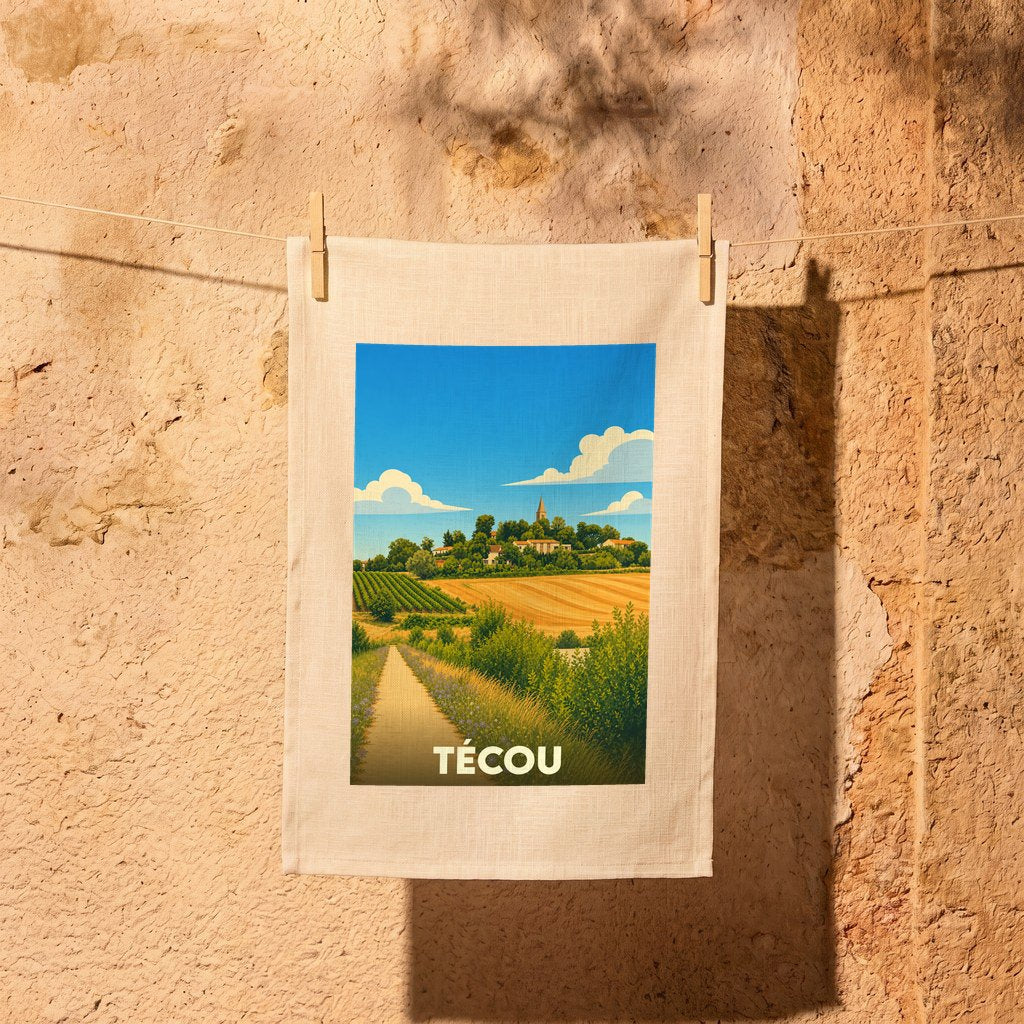 Torchon souvenir de la ville de Técou avec une illustration stylisée d'un paysage de campagne.