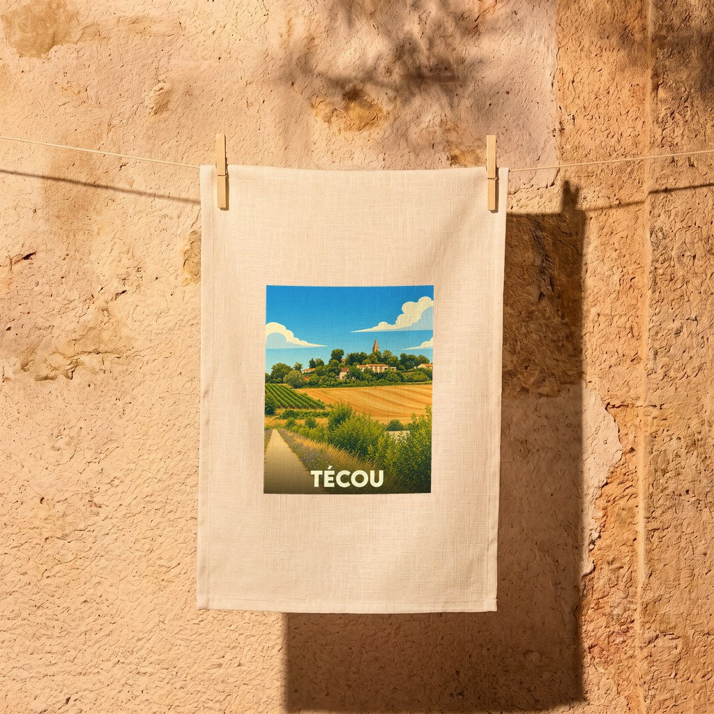 Torchon souvenir de la ville de Técou avec une illustration stylisée d'un paysage de campagne.