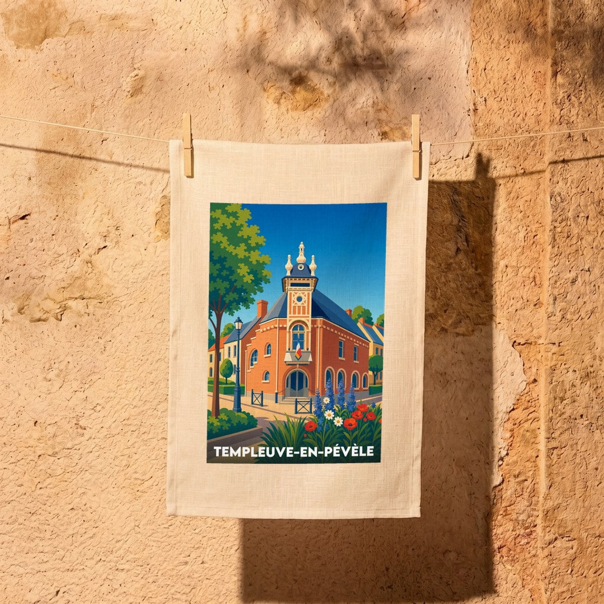 Torchon souvenir de la ville de Templeuve-en-Pévèle avec une illustration stylisée.