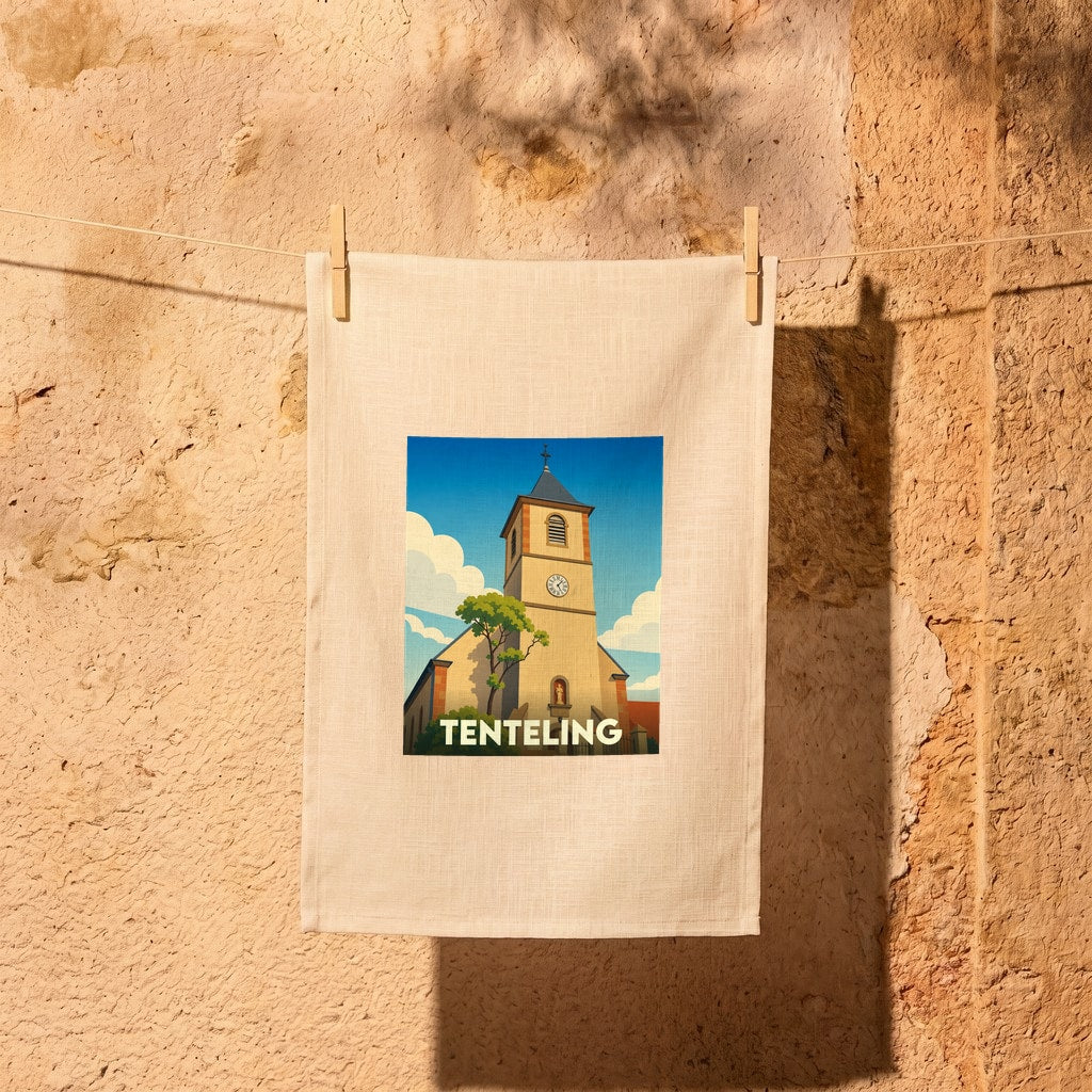 Torchon souvenir de la ville de Tenteling avec une illustration stylisée de son église.