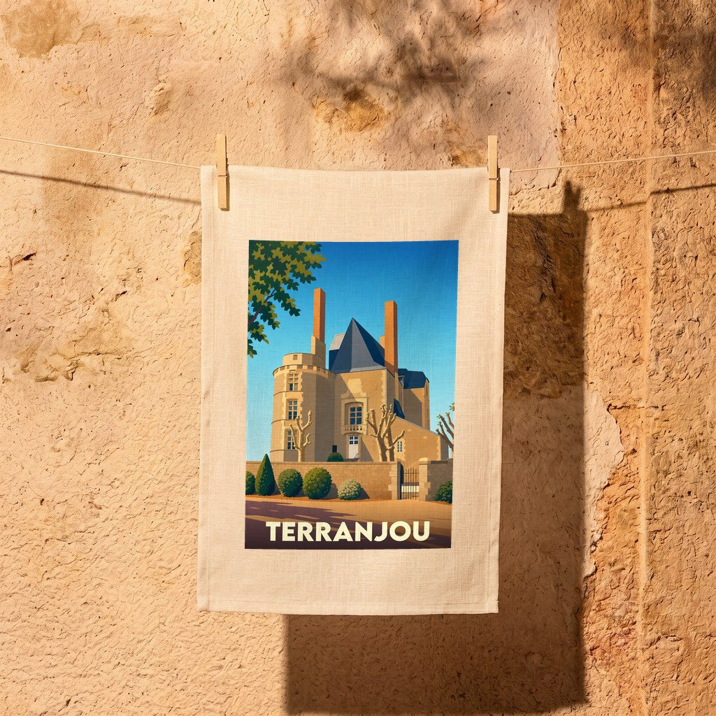 Torchon souvenir de la ville de Terranjou illustré d'un château de style rétro.