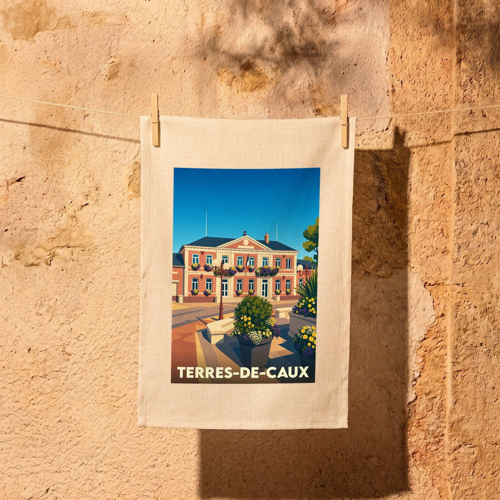 Torchon souvenir de la ville de Terres-de-Caux avec une illustration stylisée de son hôtel de ville.