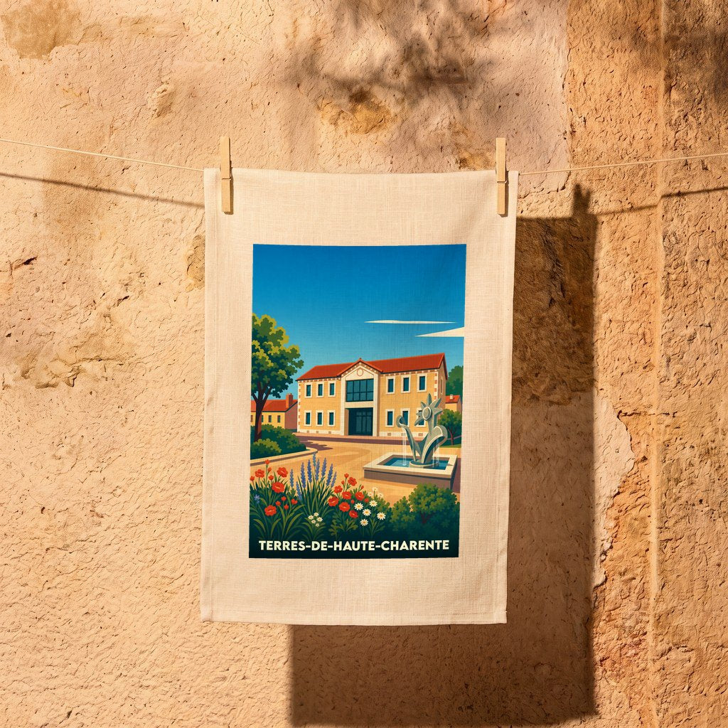 Torchon souvenir de Terres-de-Haute-Charente orné d'une illustration stylisée de la ville.