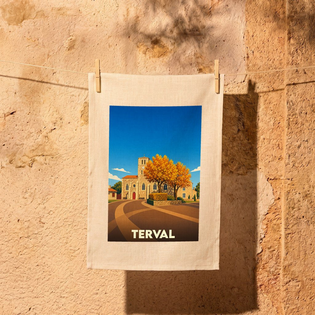 Torchon souvenir de la ville de Terval avec une illustration stylisée d'une église et d'un arbre automnal.