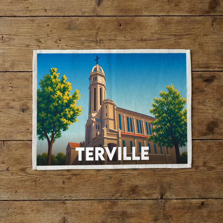 Torchon souvenir de la ville de Terville avec une illustration stylisée de son église et de son clocher.