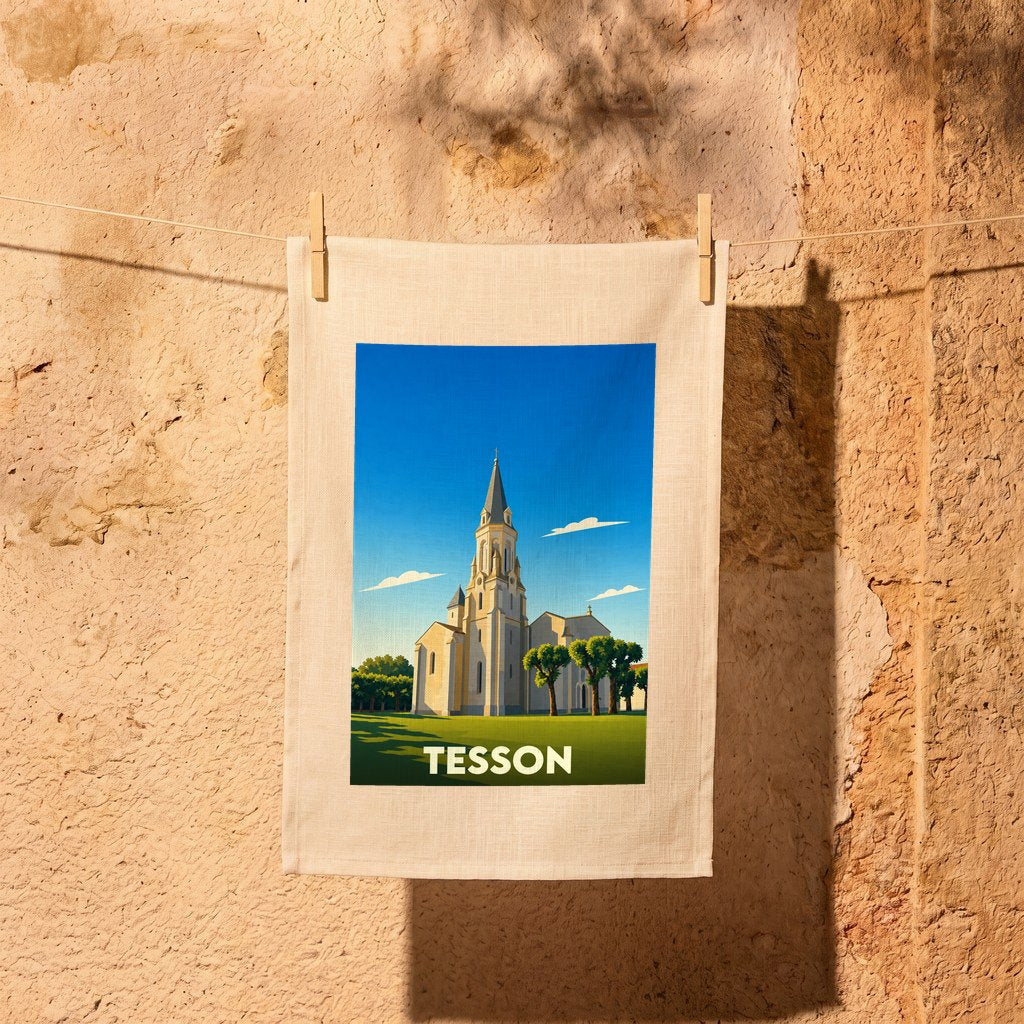 Torchon souvenir de la ville de Tesson illustré d'un dessin stylisé de son église.